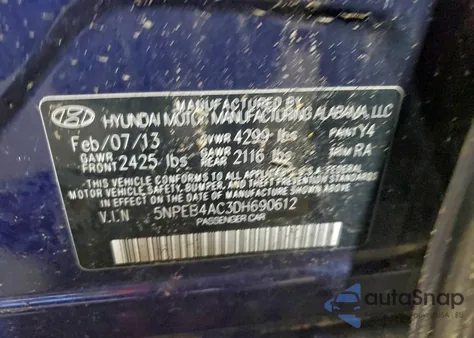 2013 Hyundai Sonata Gls из США, поврежденный, VIN 5NPEB4AC3DH690612